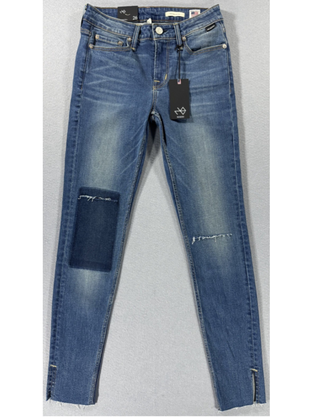 NOEND Denim Mid Rise Skinny Jeans 26 Medium Wash Patch Knee Slit Split Hem USA
